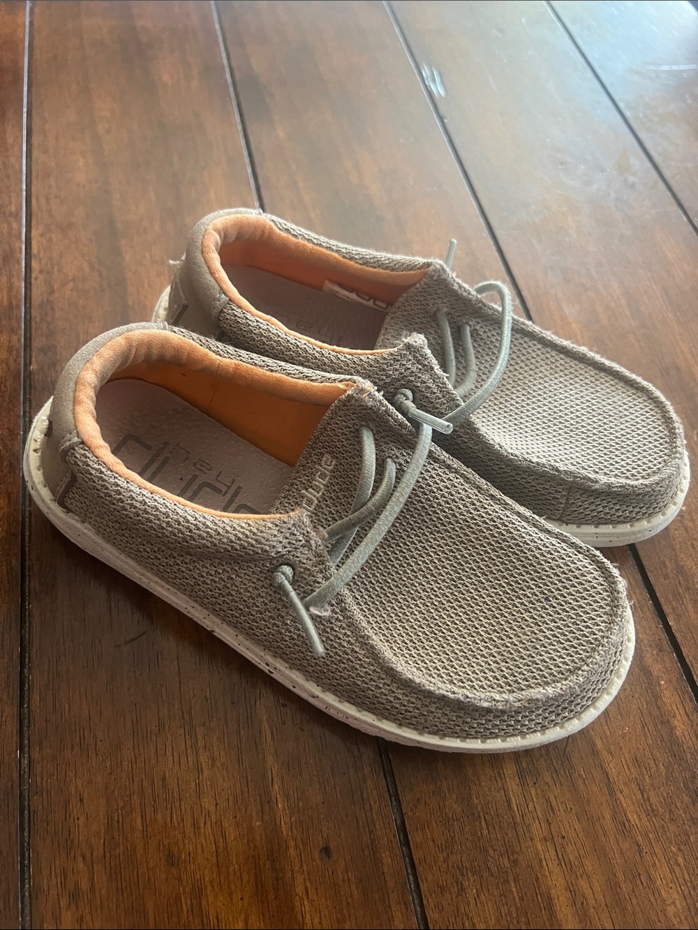 Hey Dude Kids Light Taupe Canvas Slip-Ons with Orange Lining